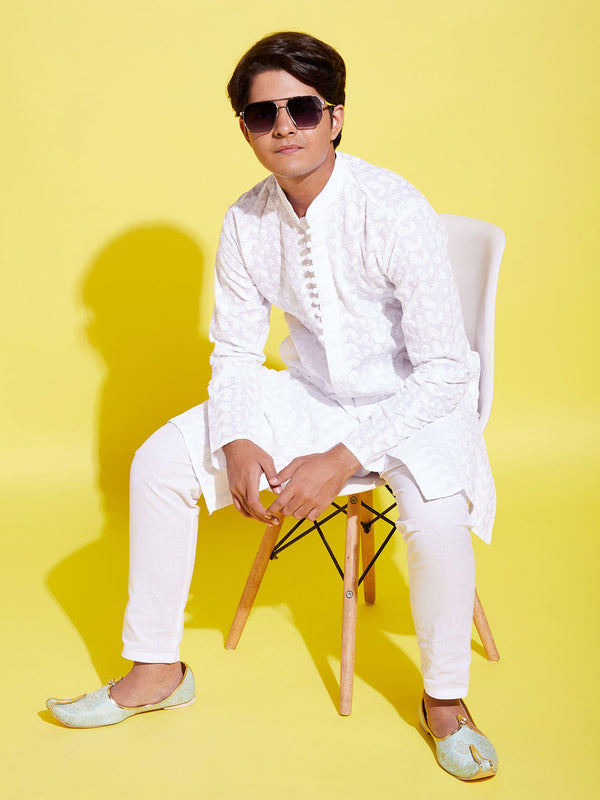 Boy's White Embroidered Kurta With Pyjama Set