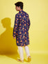Boy's' Multicolor-Base-Navy Blue Kurta And Pyjama Set With Leheria Border