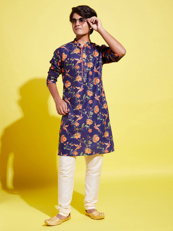 Boy's' Multicolor-Base-Navy Blue Kurta And Pyjama Set With Leheria Border