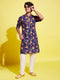 Boy's' Multicolor-Base-Navy Blue Kurta And Pyjama Set With Leheria Border