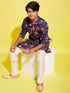 Boy's' Multicolor-Base-Navy Blue Kurta And Pyjama Set With Leheria Border