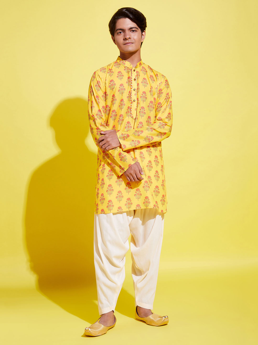 Boy's' Multicolor-Base-Mustard And Cream Kurta Patiala Set