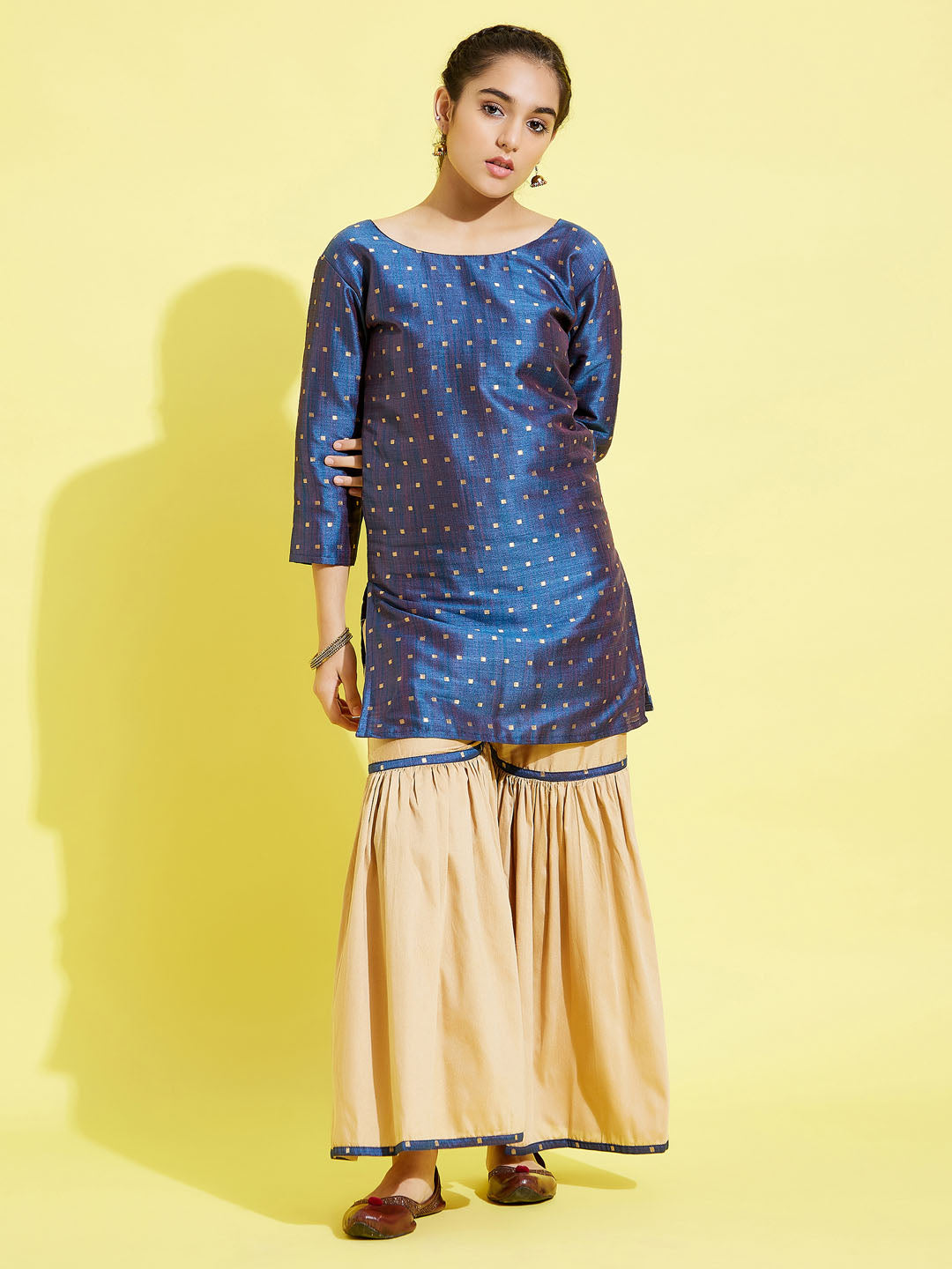 Girl's' Blue Zari Kurta And Rose Gold Sharara Set