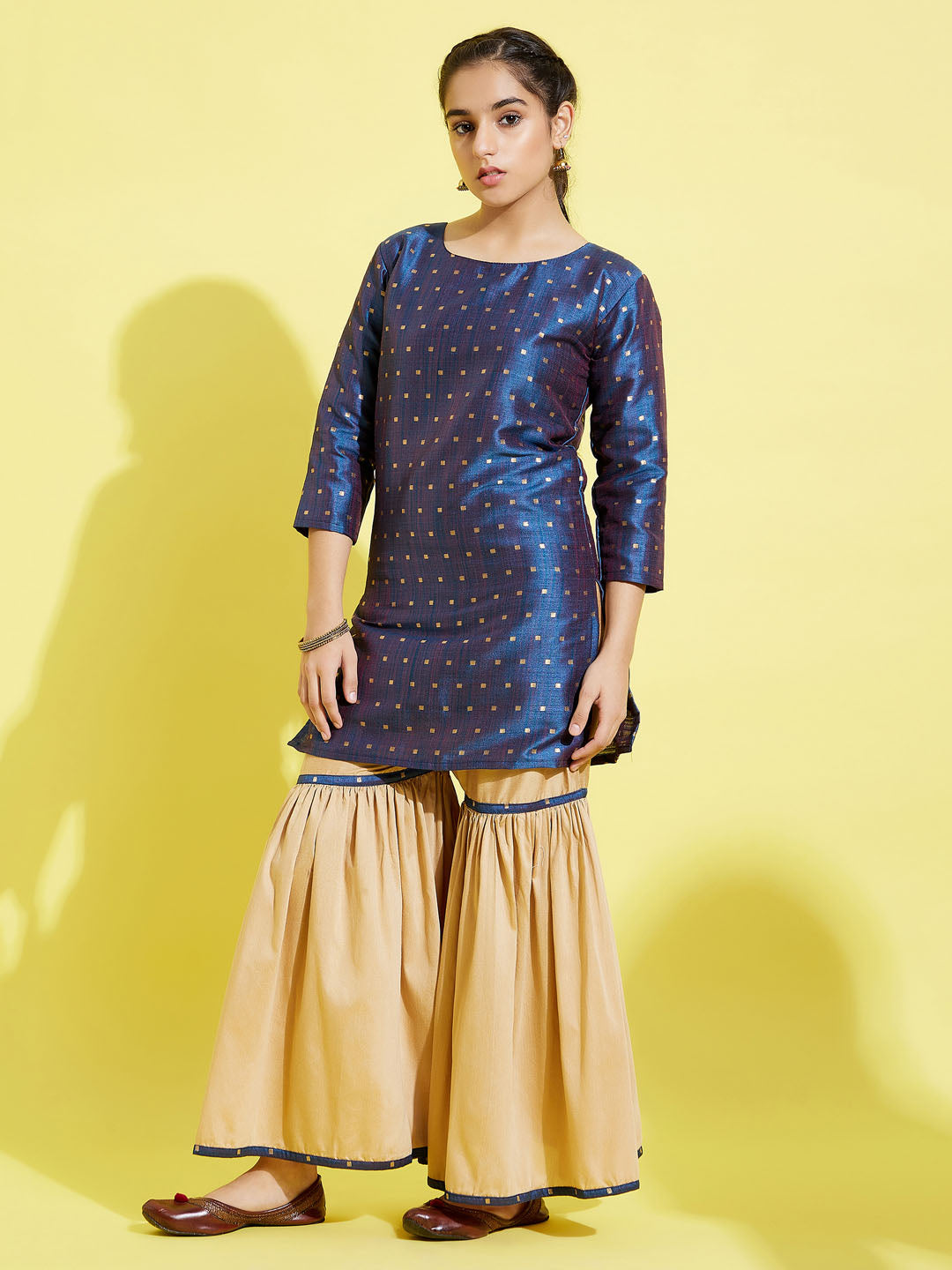 Girl's' Blue Zari Kurta And Rose Gold Sharara Set