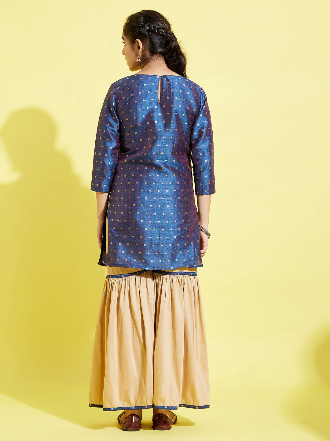 Girl's' Blue Zari Kurta And Rose Gold Sharara Set
