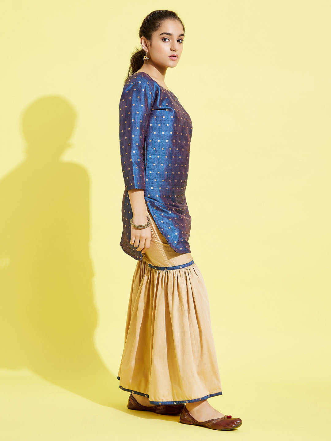 Girl's' Blue Zari Kurta And Rose Gold Sharara Set