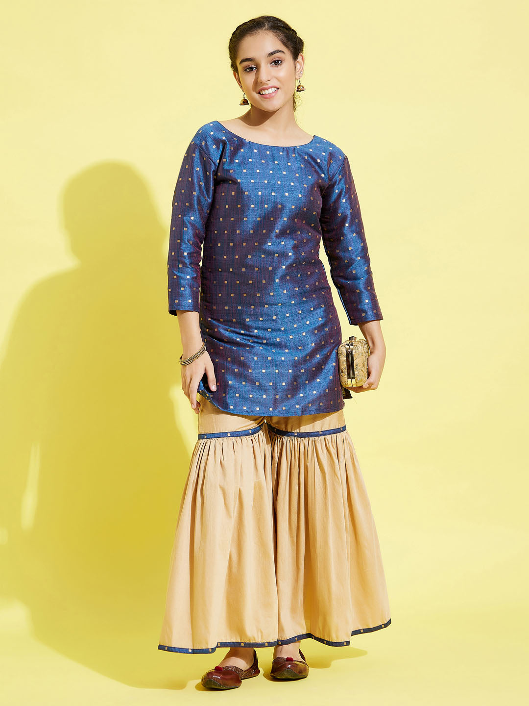 Girl's' Blue Zari Kurta And Rose Gold Sharara Set