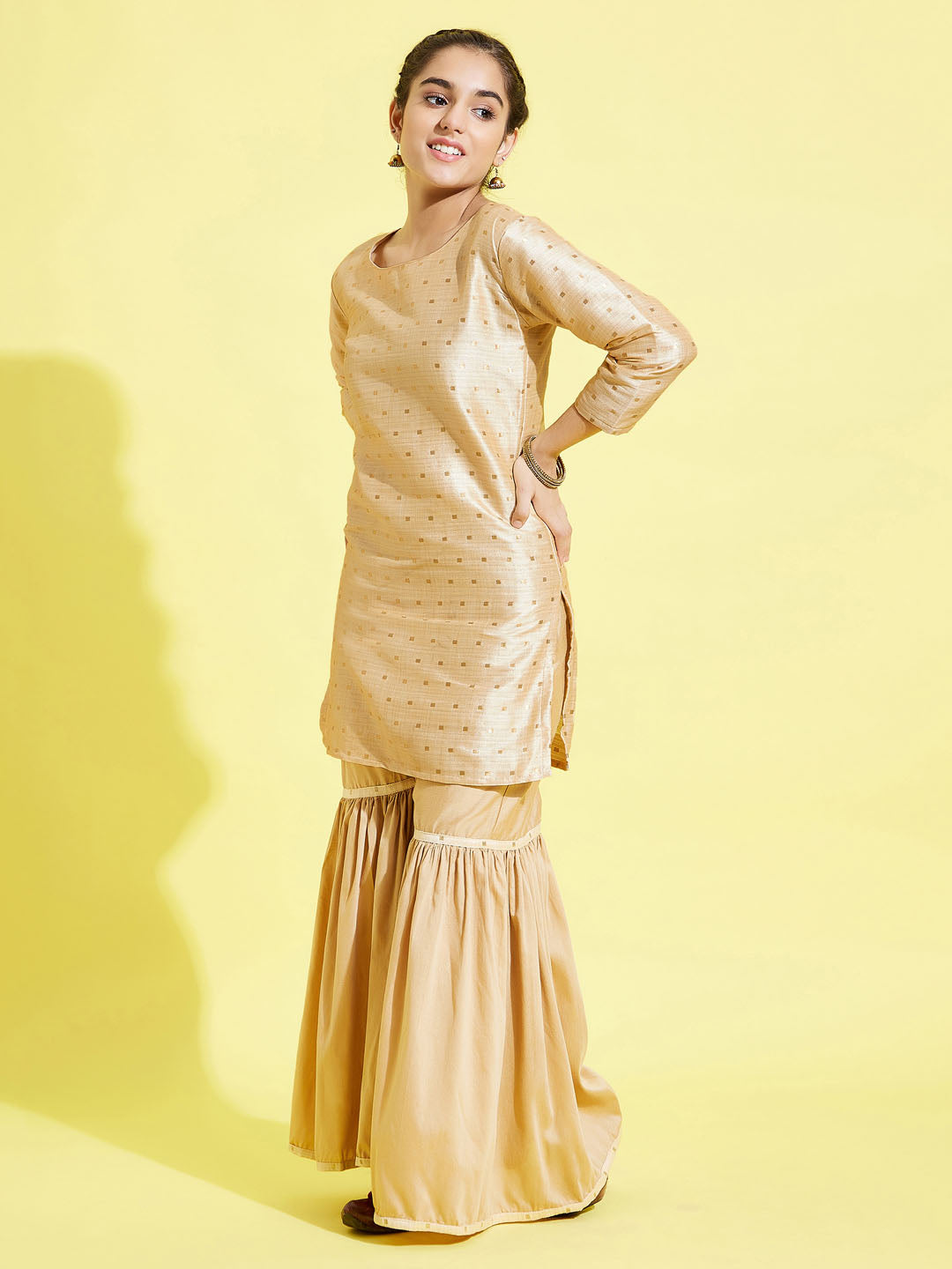 Girl's' Gold Zari Kurta And Rose Gold Sharara Set