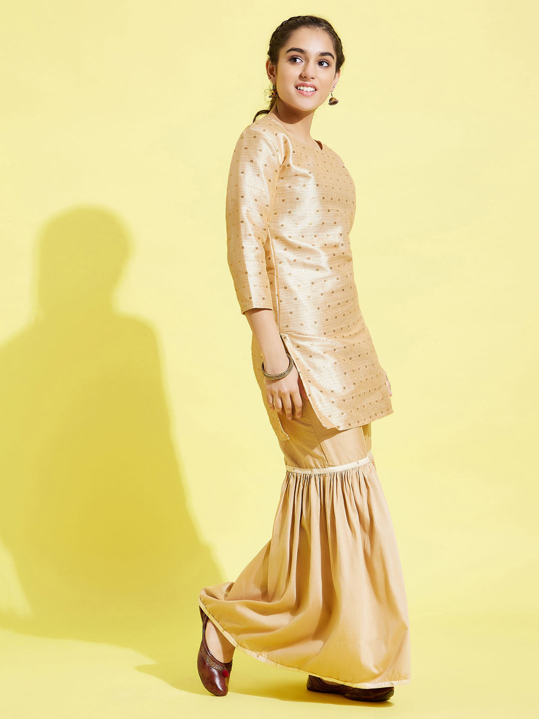 Girl's' Gold Zari Kurta And Rose Gold Sharara Set
