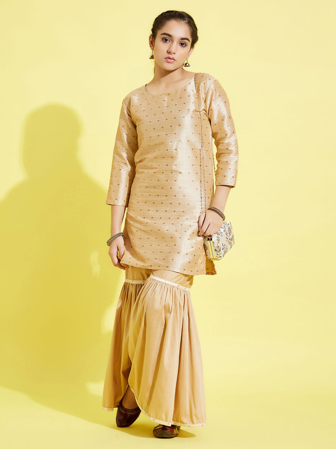 Girl's' Gold Zari Kurta And Rose Gold Sharara Set