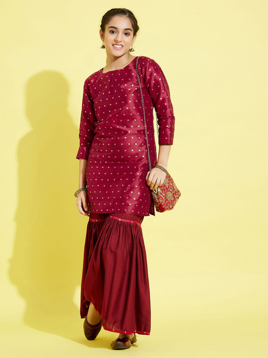 Girl's' Maroon Zari Kurta And Sharara Set