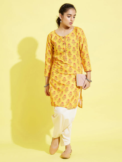 Girl's' Mustard And Cream Printed Linen Kurta And Patiala Set