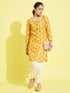 Girl's' Mustard And Cream Printed Linen Kurta And Patiala Set