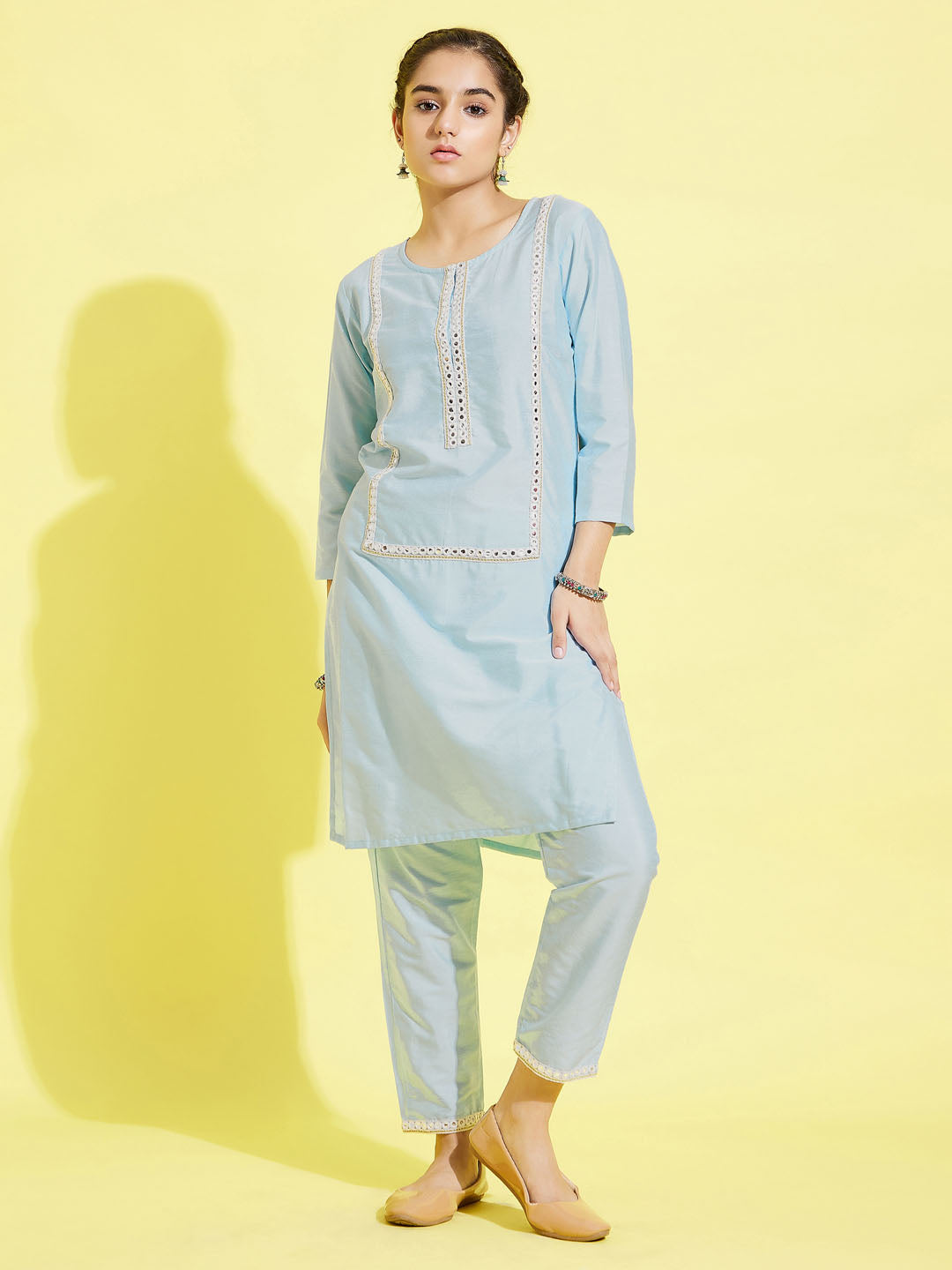 Girl's' Aqua Viscose Kurta And Straight Pant Set