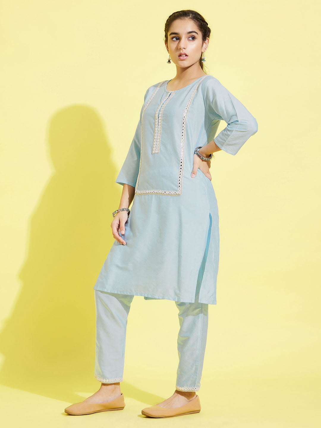 Girl's' Aqua Viscose Kurta And Straight Pant Set