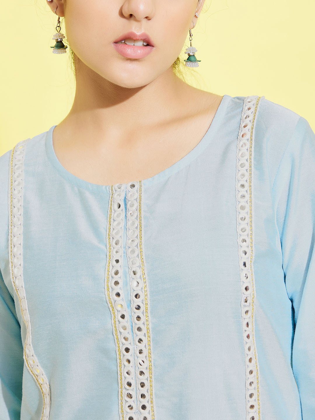 Girl's' Aqua Viscose Kurta And Straight Pant Set