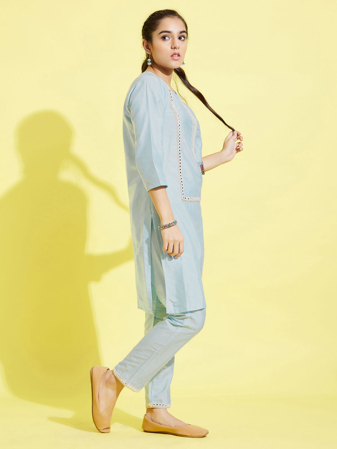 Girl's' Aqua Viscose Kurta And Straight Pant Set