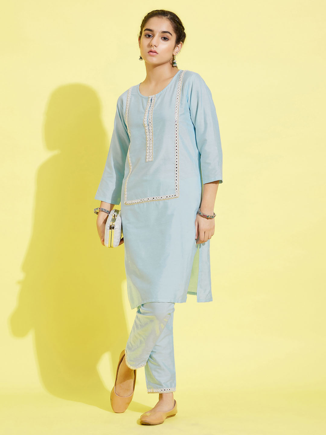 Girl's' Aqua Viscose Kurta And Straight Pant Set