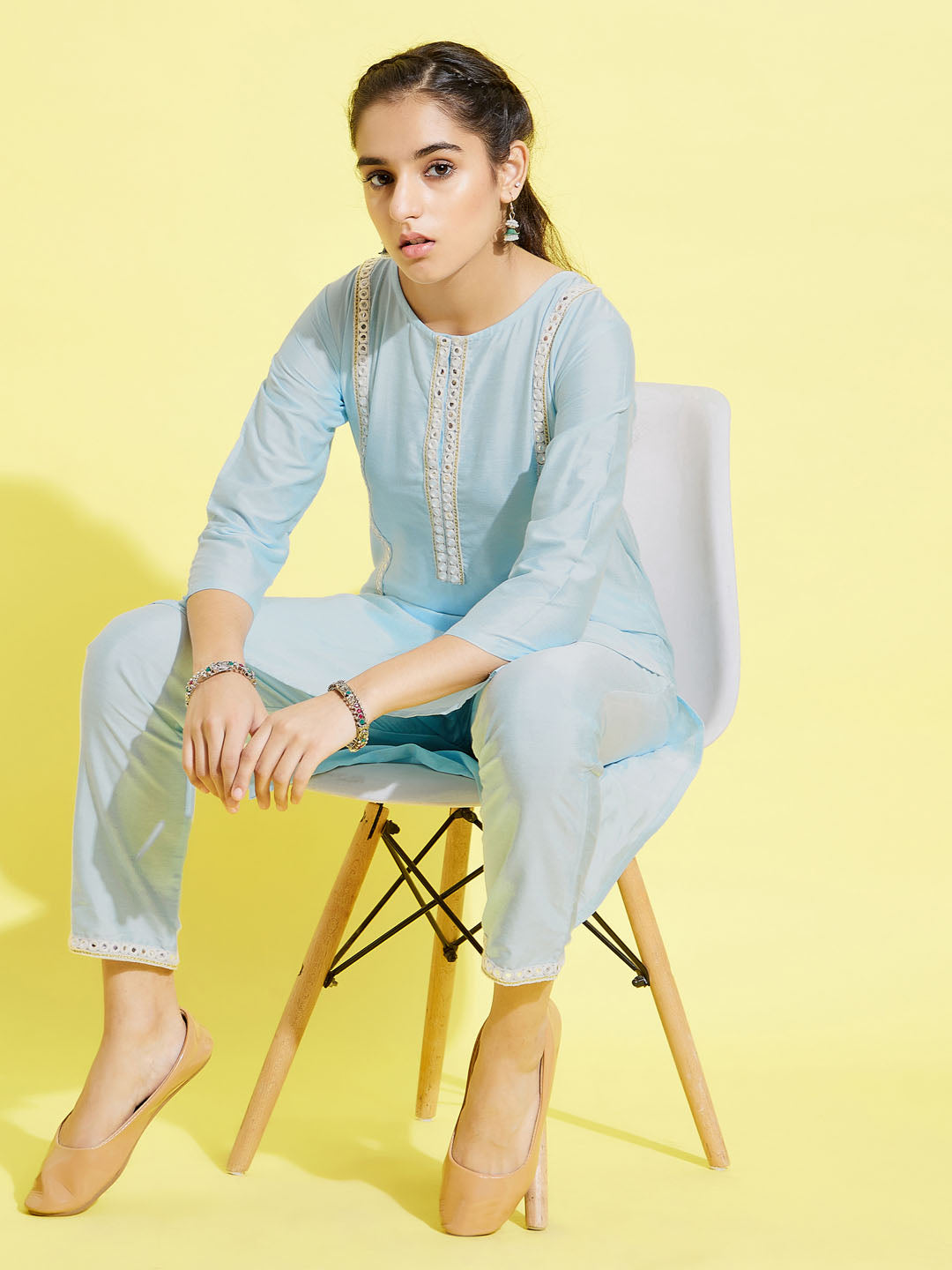 Girl's' Aqua Viscose Kurta And Straight Pant Set