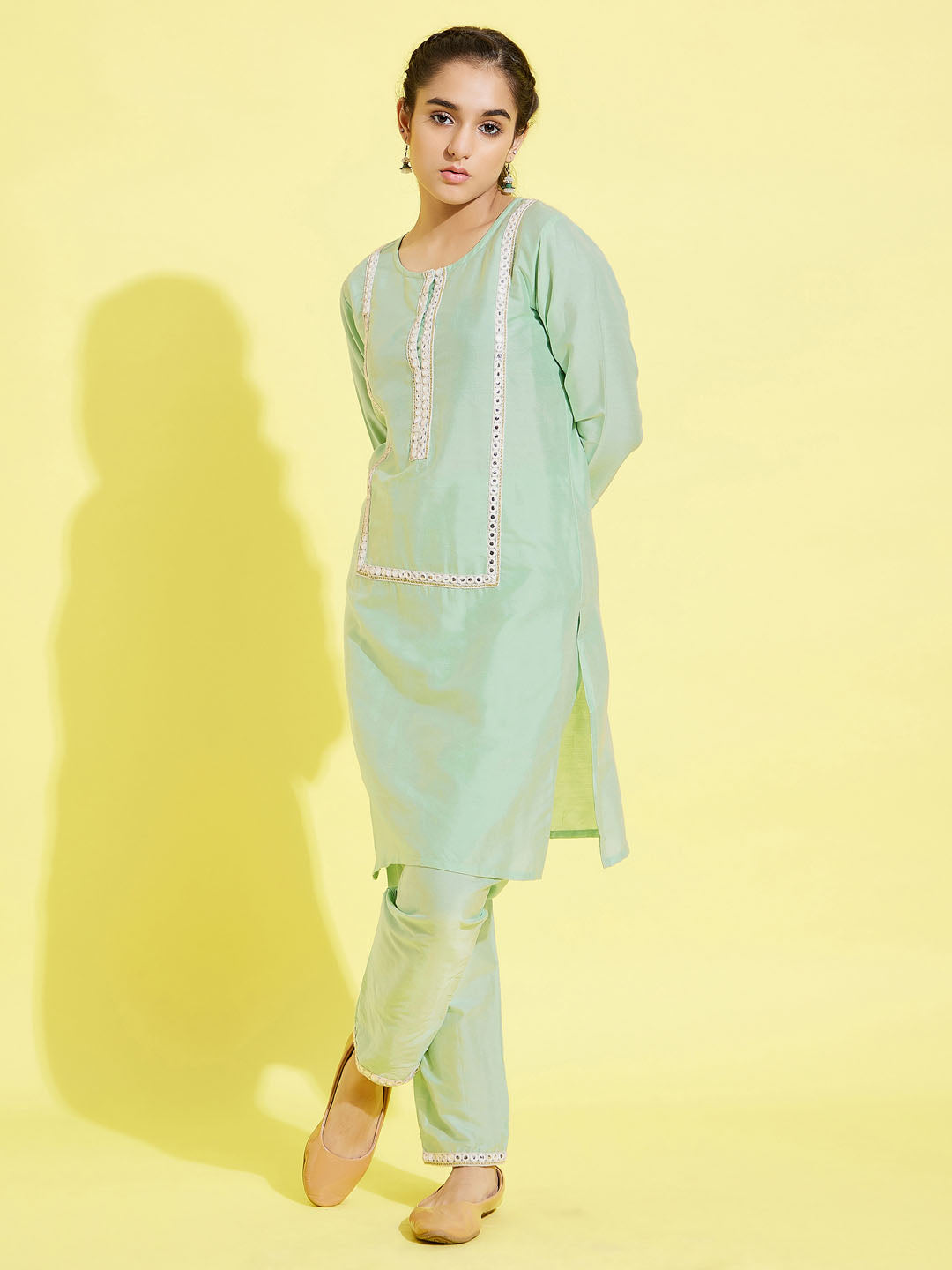 Girl's' Mint Green Viscose Kurta And Straight Pant Set