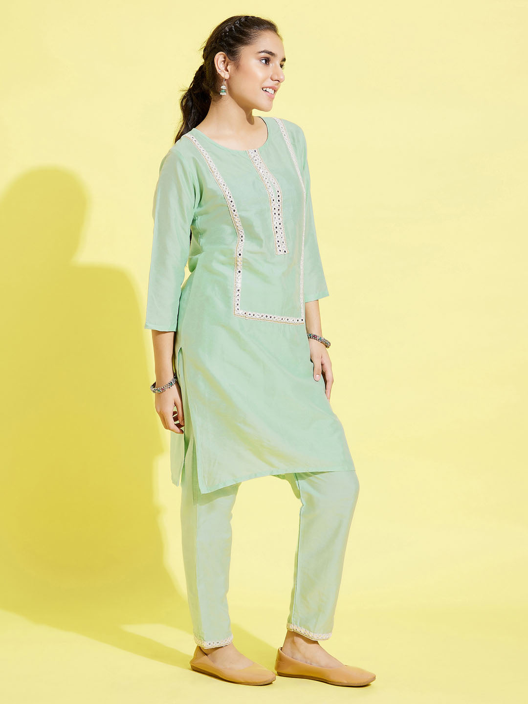 Girl's' Mint Green Viscose Kurta And Straight Pant Set