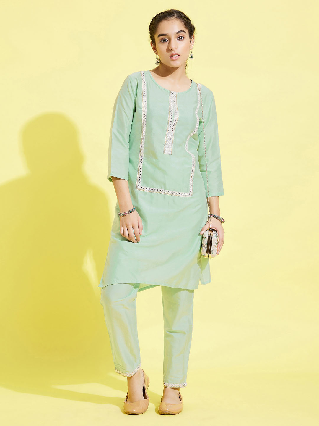 Girl's' Mint Green Viscose Kurta And Straight Pant Set