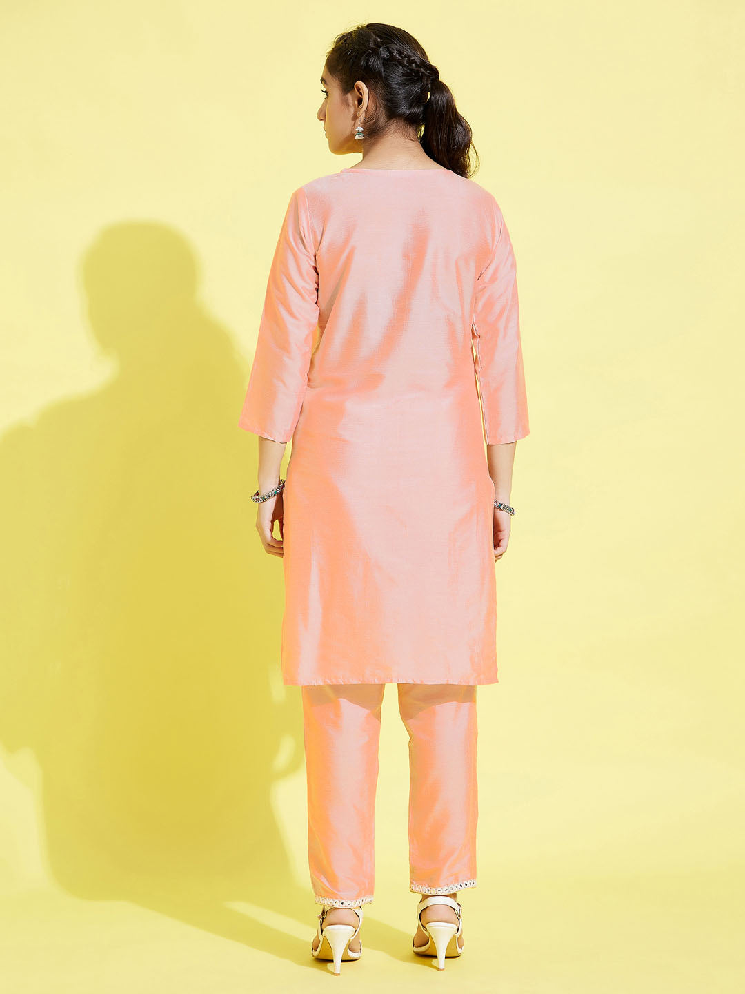 Girl's' Pink Viscose Kurta And Straight Pant Set