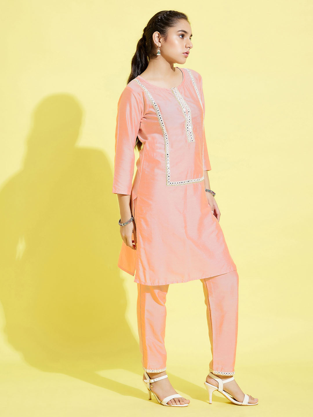 Girl's' Pink Viscose Kurta And Straight Pant Set