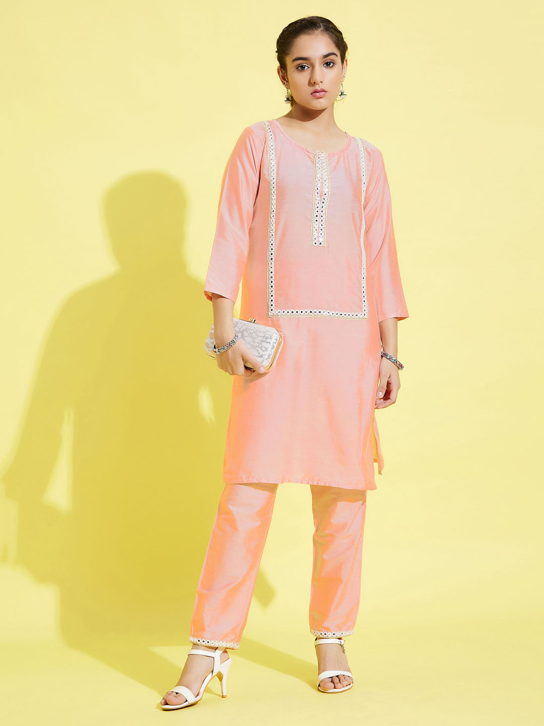 Girl's' Pink Viscose Kurta And Straight Pant Set