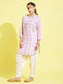 Girl's' White Floral Printed Linen Kurta And Cream Patiala Set