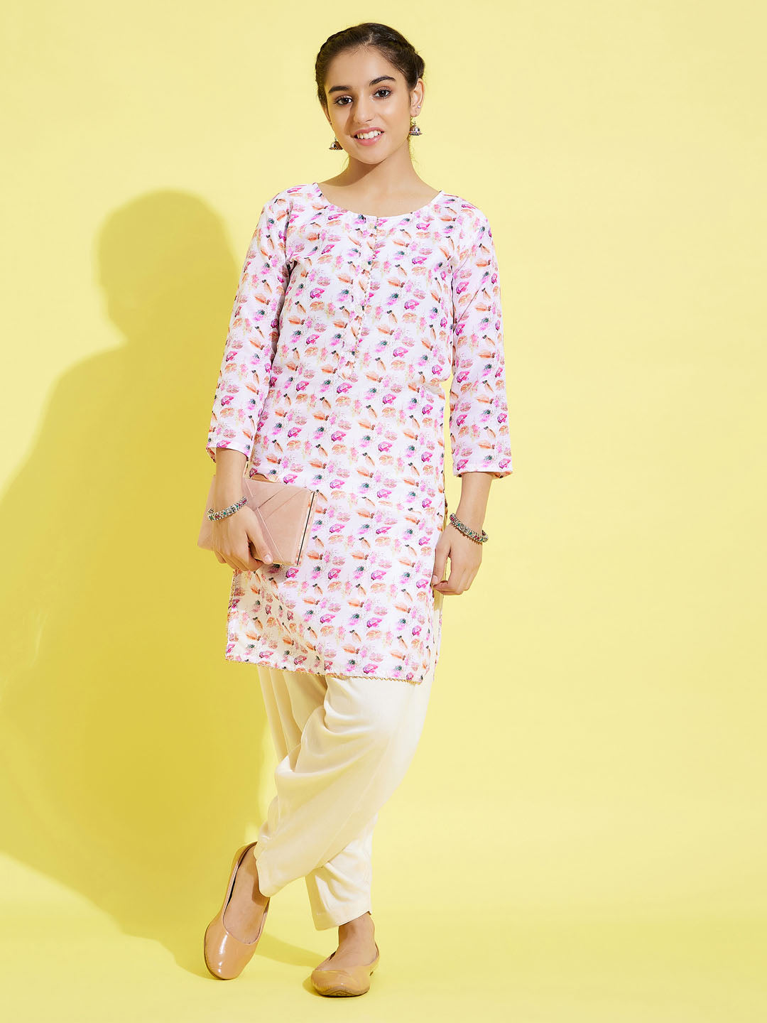 Girl's' White Floral Printed Linen Kurta And Cream Patiala Set