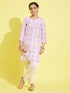 Girl's' White Floral Printed Linen Kurta And Cream Patiala Set
