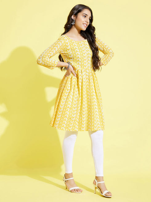 Girl's Mustard Pure Cotton Chikankari Kurta With Leggings Set
