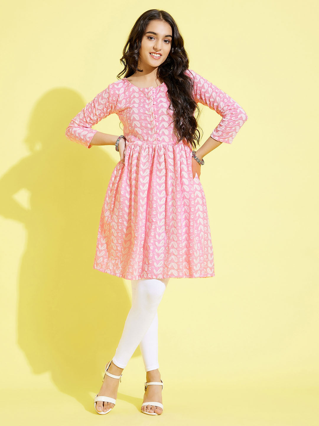 Girl's' Pink Pure Cotton Chikankari Kurta With Leggings Set