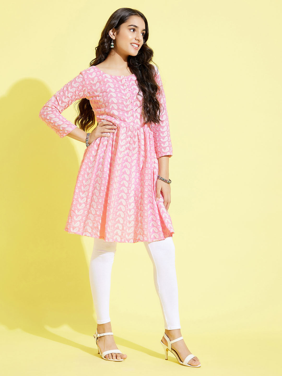 Girl's' Pink Pure Cotton Chikankari Kurta With Leggings Set