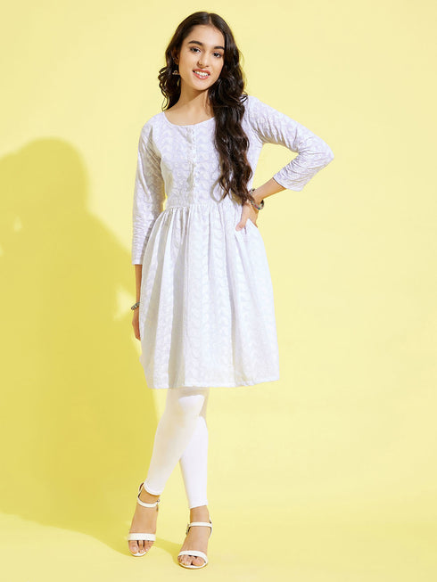 Girl's White Pure Cotton Chikankari Kurta With Leggings Set