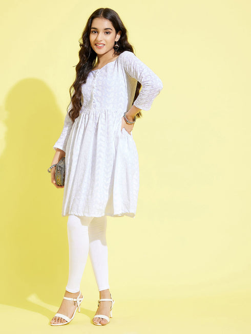 Girl's White Pure Cotton Chikankari Kurta With Leggings Set