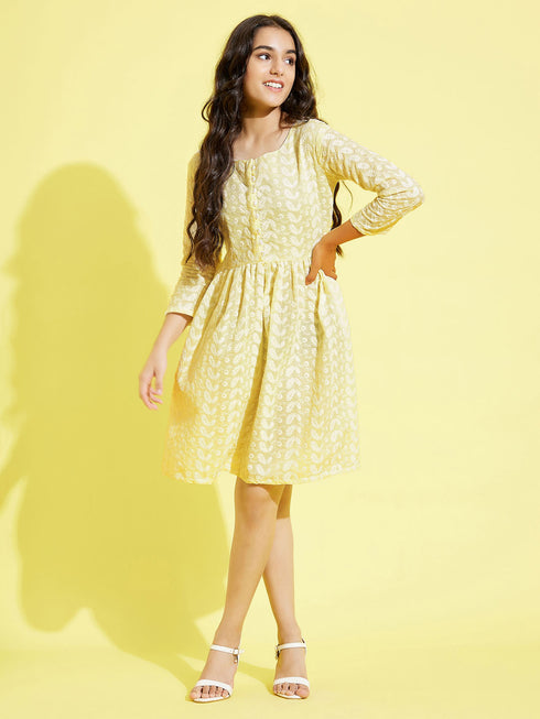 Girl's Yellow Pure Cotton Chikankari Kurta