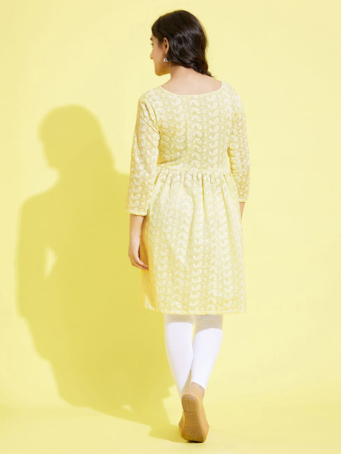 Girl's' Yellow Pure Cotton Chikankari Kurta With Leggings Set
