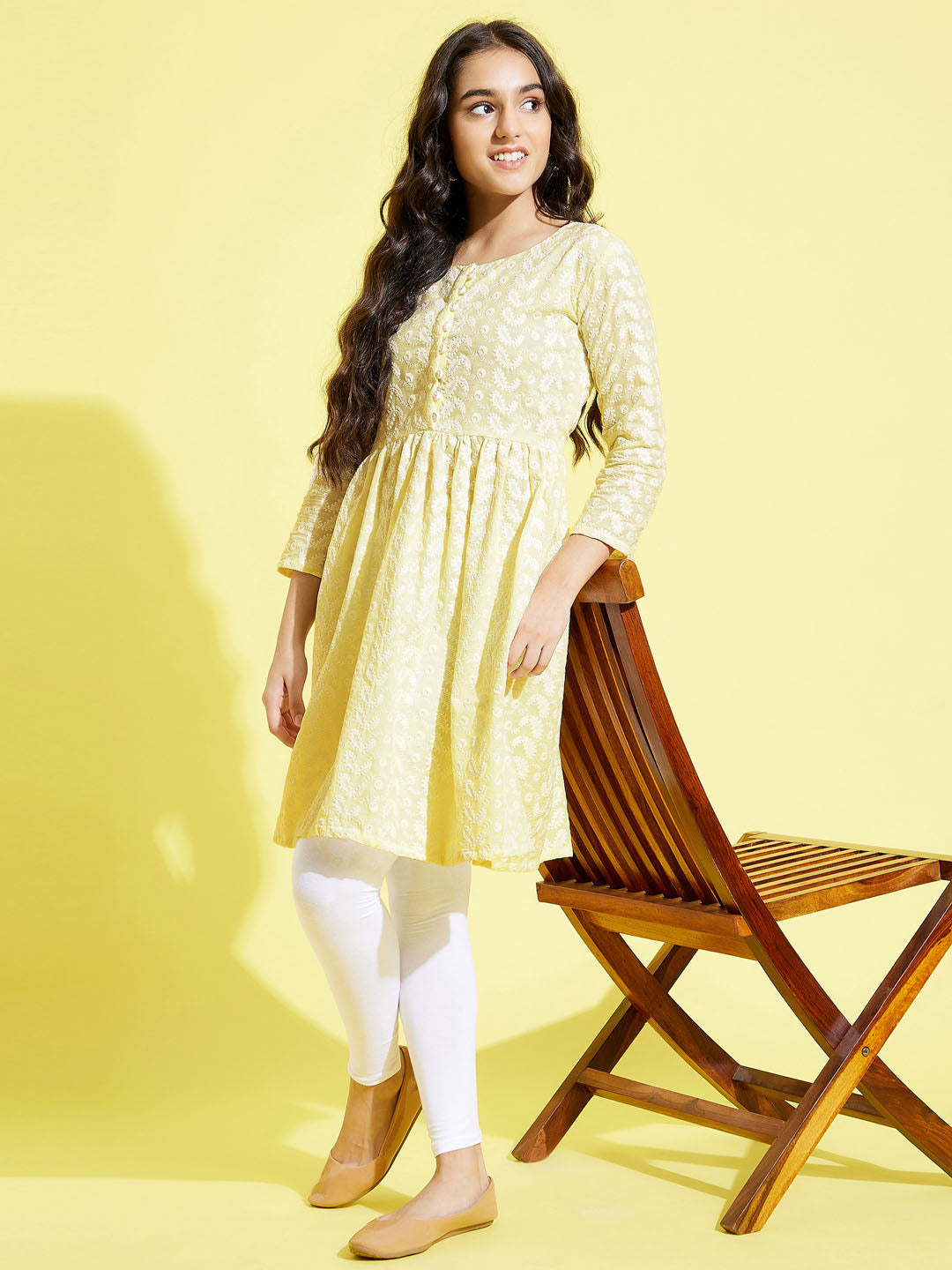 Girl's' Yellow Pure Cotton Chikankari Kurta With Leggings Set