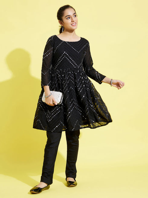 Girl's Black Mirror Kurta Pyjama Set