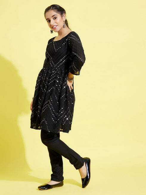 Girl's Black Mirror Kurta Pyjama Set