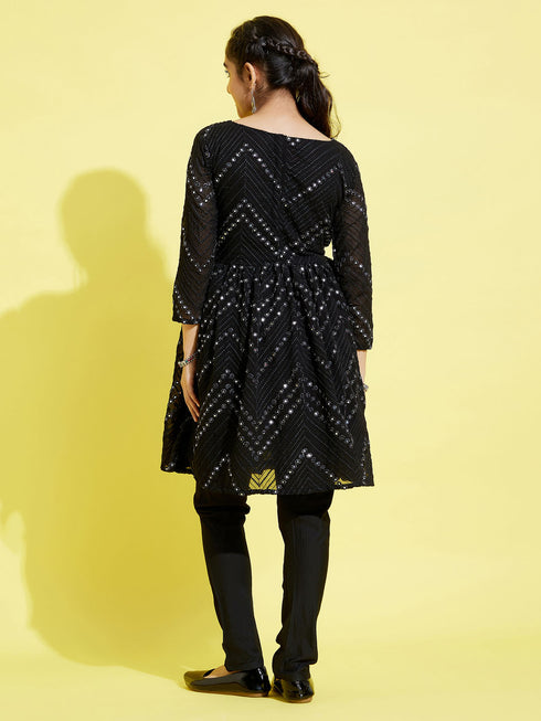 Girl's Black Mirror Kurta Pyjama Set