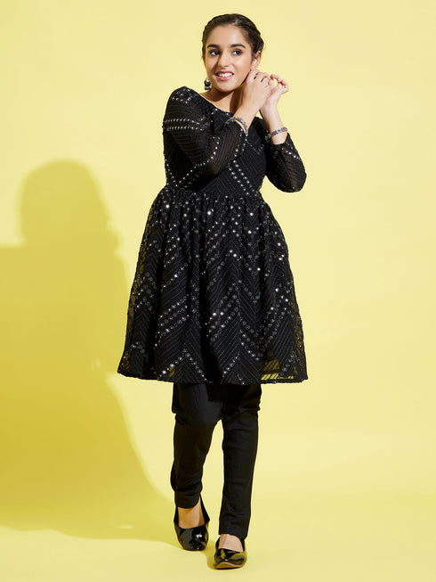 Girl's Black Mirror Kurta Pyjama Set