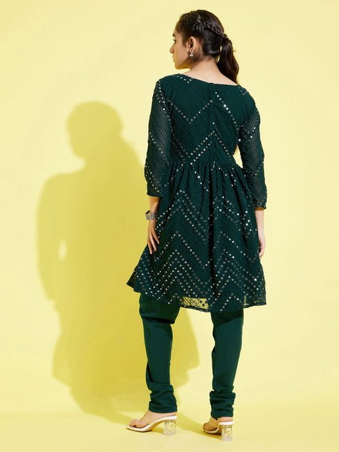 Girl's Green Mirror Kurta Pyjama Set