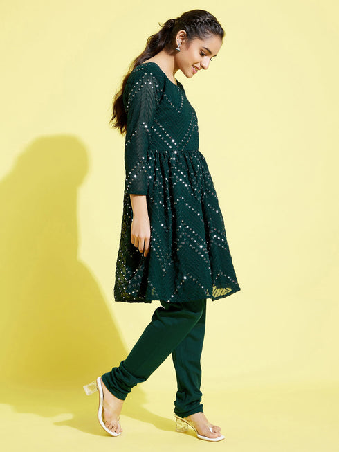 Girl's Green Mirror Kurta Pyjama Set