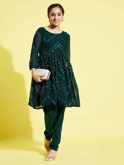 Girl's Green Mirror Kurta Pyjama Set