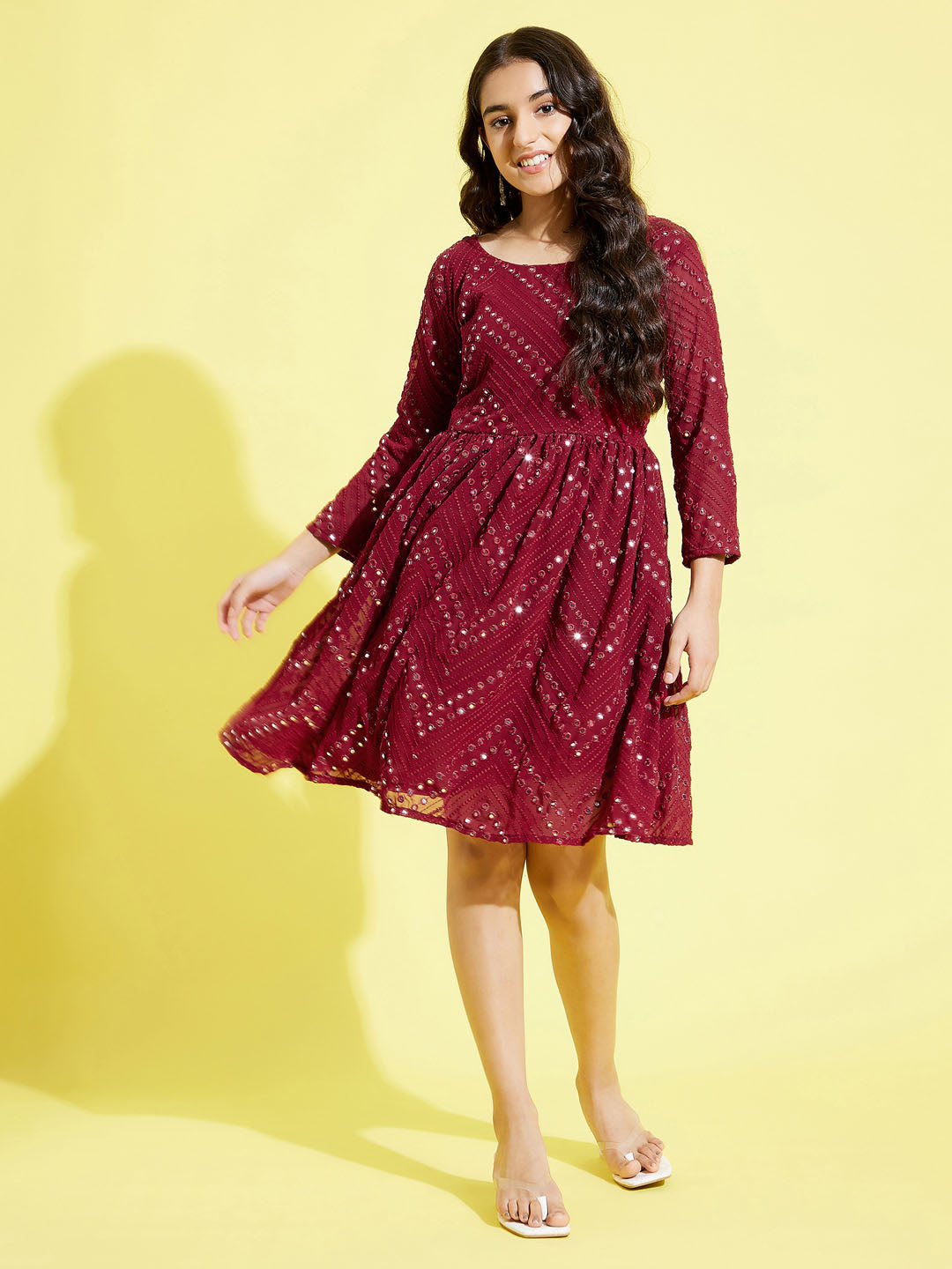 Girl's Maroon Mirror Kurta