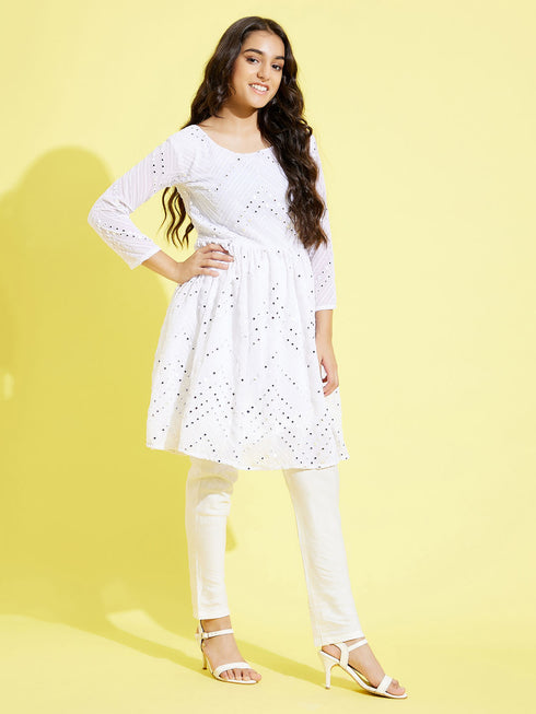 Girl's White Mirror Kurta Pyjama Set