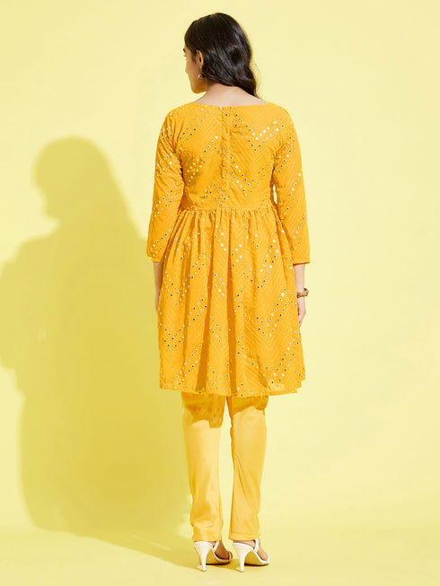 Girl's Yellow Mirror Kurta Pyjama Set